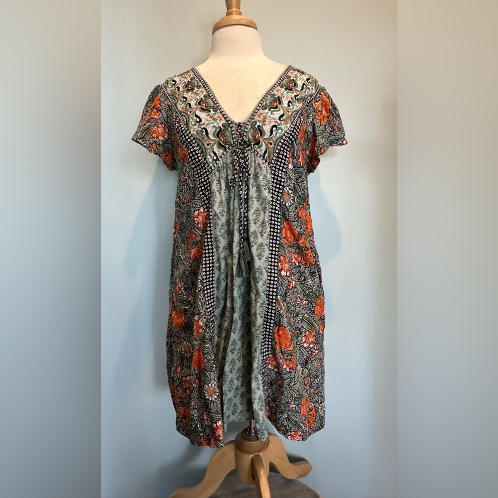 Anthropologie Astrid Boho Paisley Floral Tunic Dress Blue Green size Small